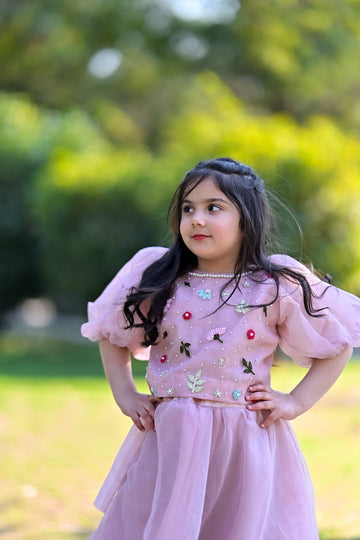 Tea Pink Organza Choli with Matching Lehnga For Girls